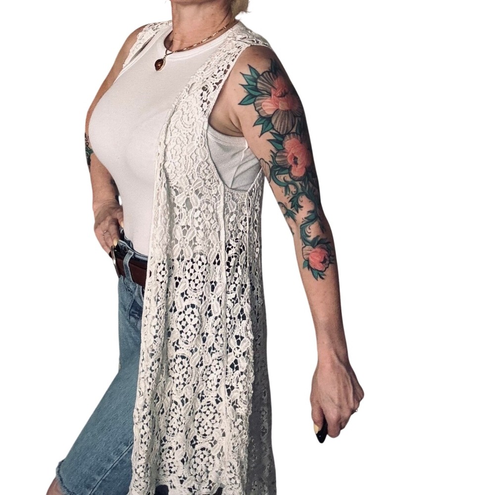 GLEAMISS White Floral Lace Longline Vest‎ Duster Sleeveless Boho Cardigan
